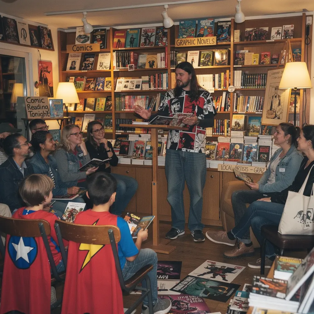 Eine Seite aus einer grafischen Erzählung, die eine spannende Verfolgungsjagd in einer futuristischen Stadt zeigt.